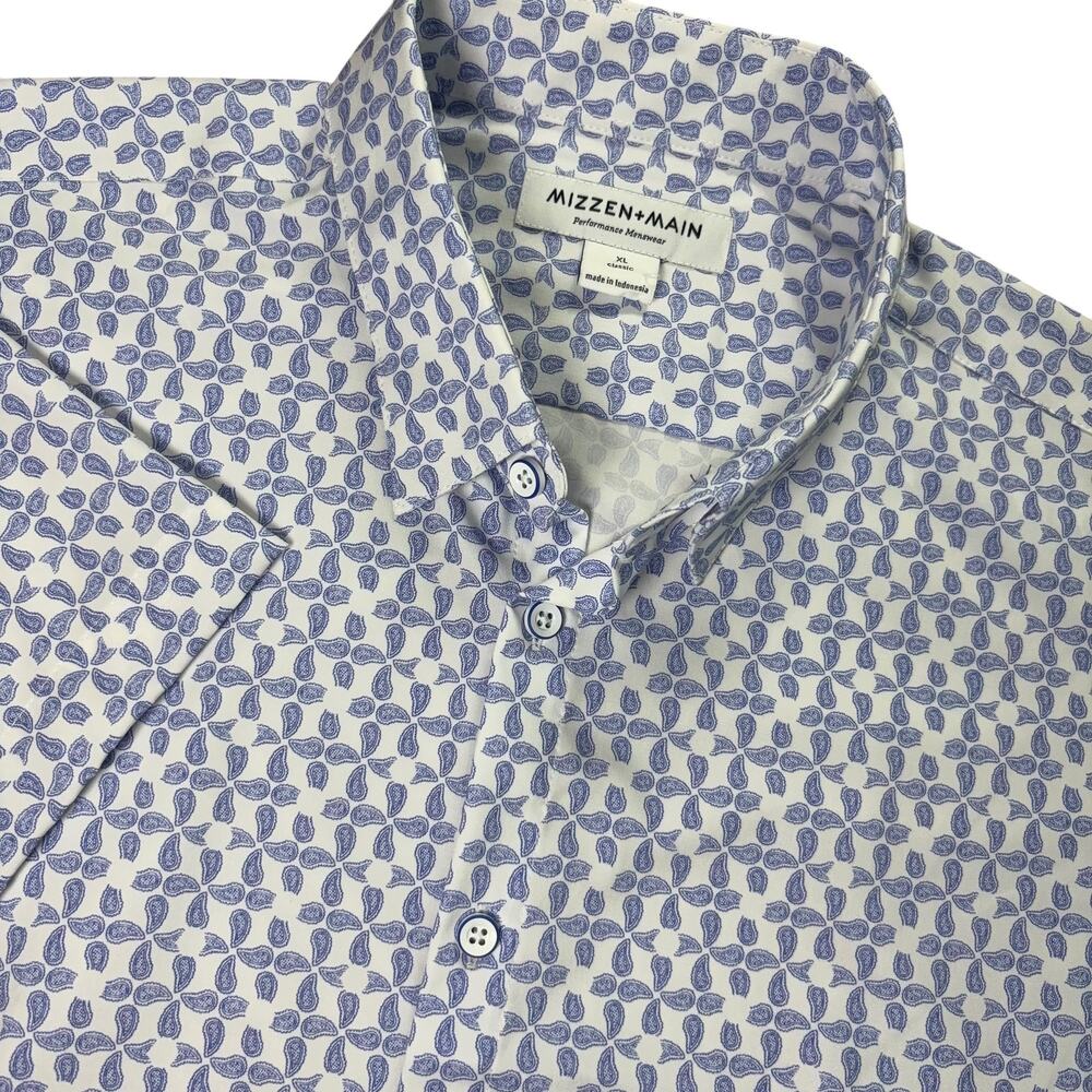 Mizzen Main Men XL Leeward Performance Dress Shirt Blue White Geometric Stretch